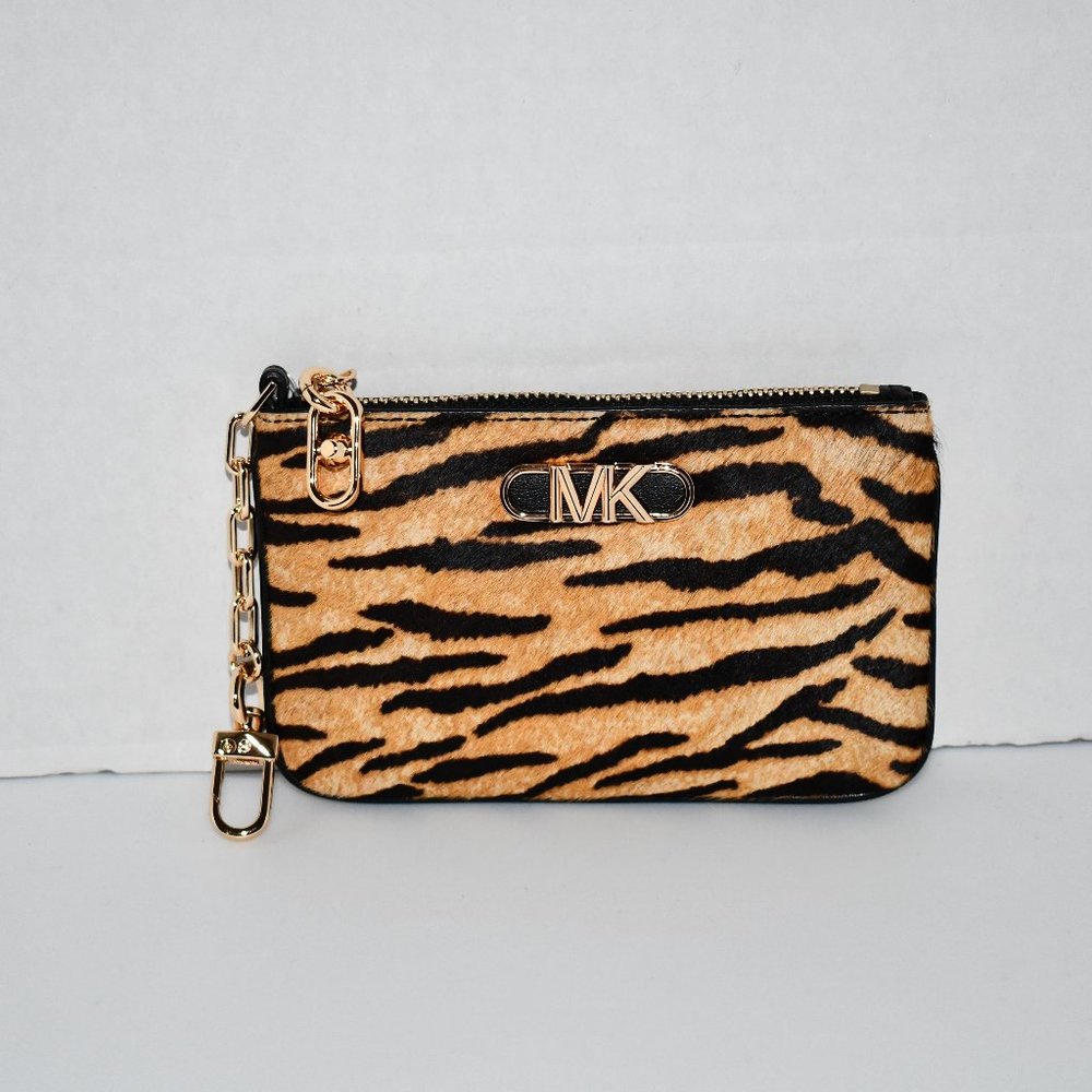 Michael Kors Tiger Print Haircalf Leather SM Key Card Holder #32F2G7PD1H NWT